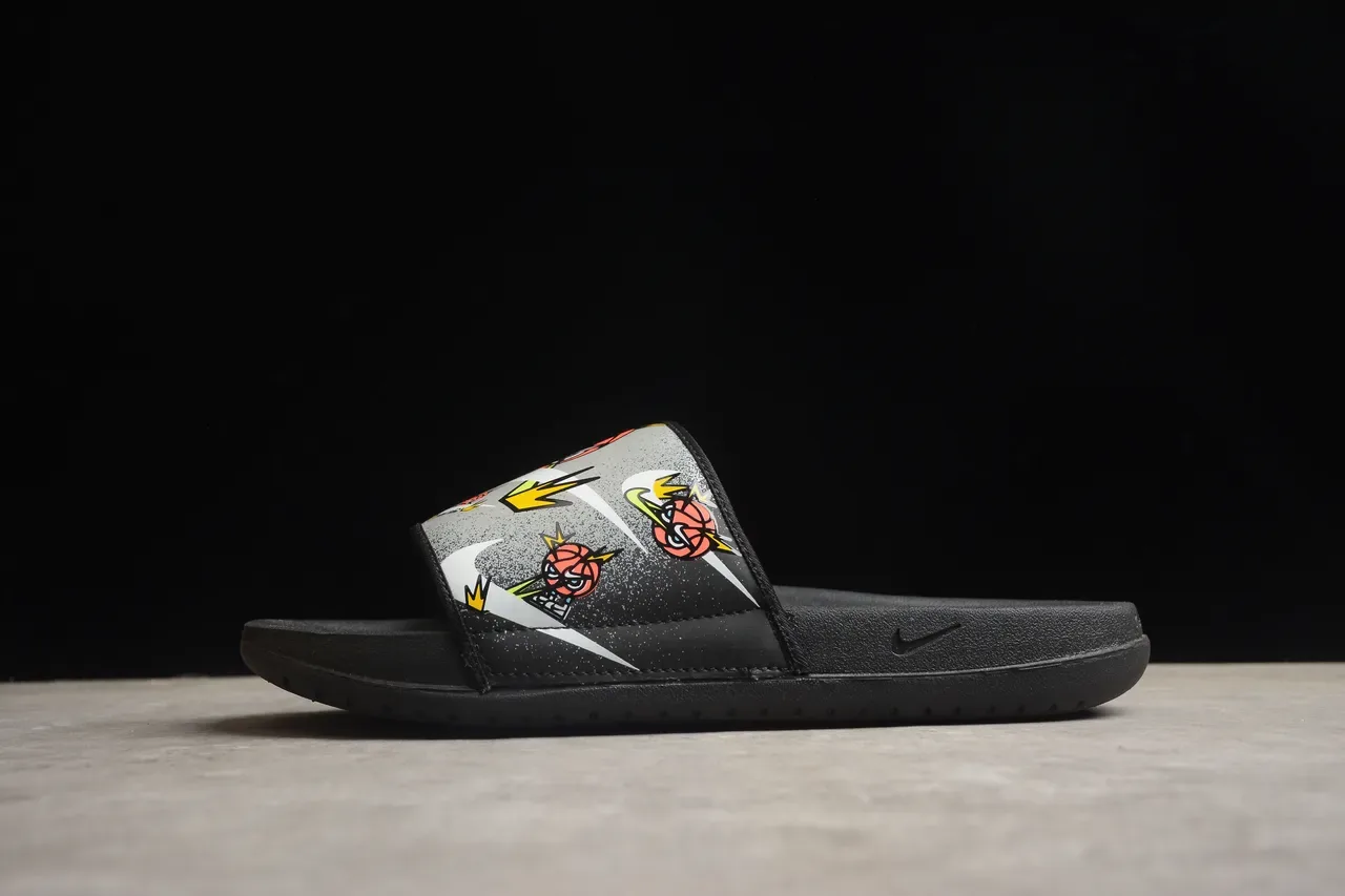 Nike Black Multicolor Graphic-Print Strap Speckled Gray Overlay Slippers 1
