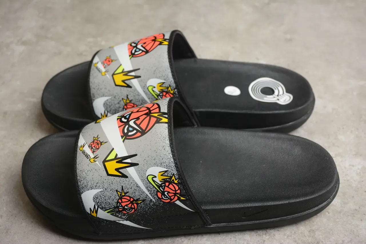 Nike Black Multicolor Graphic-Print Strap Speckled Gray Overlay Slippers 8