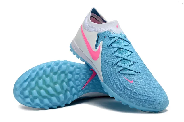 Nike Blue Pink Flyknit Upper Asymmetrical Lacing Turf Soccer Shoes 4