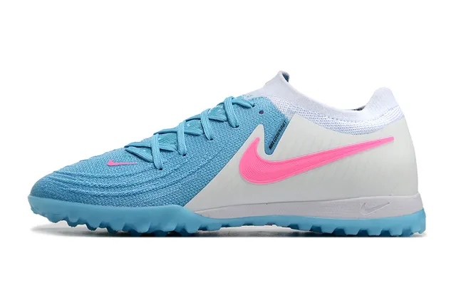 Nike Blue Pink Flyknit Upper Asymmetrical Lacing Turf Soccer Shoes 7