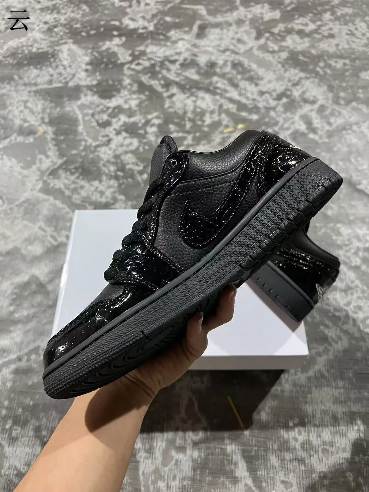 Nike Dunk Low All-Black Glossy Patent Overlay Lifestyle Sneakers 5
