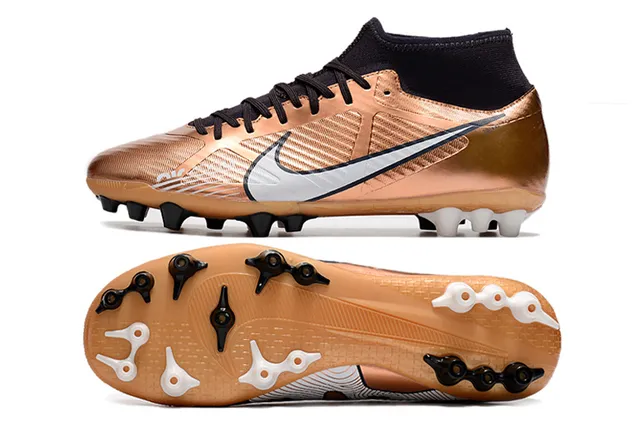 Nike Dourado Preto Metálico Cobre Superior Alto-Corte Colar de Meia Campo Firme Tênis de Futebol 9