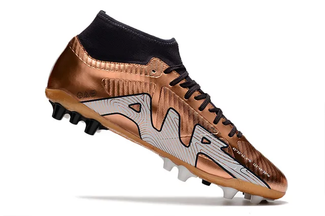 Nike Dourado Preto Metálico Cobre Superior Alto-Corte Colar de Meia Campo Firme Tênis de Futebol 10