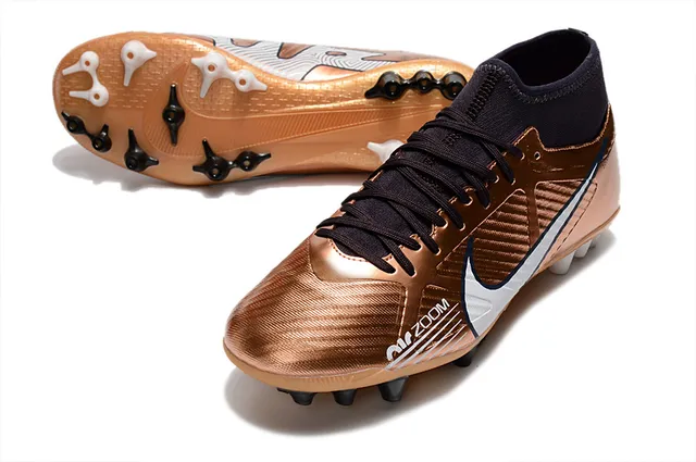 Nike Dourado Preto Metálico Cobre Superior Alto-Corte Colar de Meia Campo Firme Tênis de Futebol 13