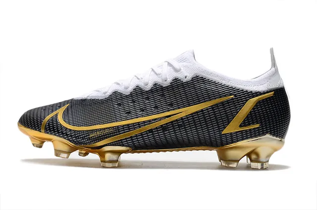 Nike Mercurial Vapor Preto e Dourado para gramado firme Sapatos de futebol 5