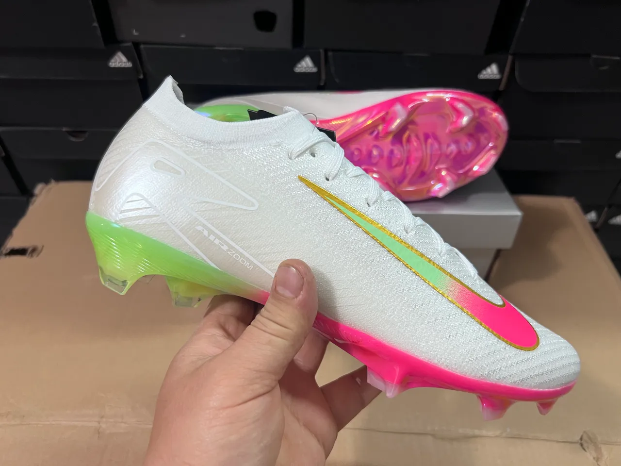 Nike Mercurial Vapor White Pink Knit Sock-Fit Upper Iridescent Gradient Swoosh Firm-Ground Soccer Shoes 5