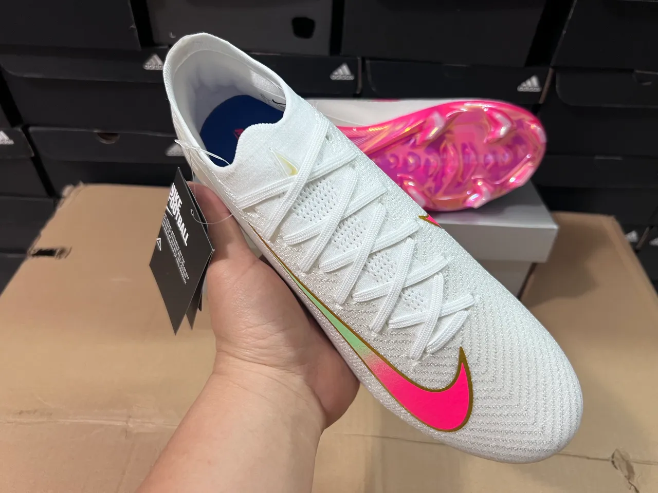 Nike Mercurial Vapor White Pink Knit Sock-Fit Upper Iridescent Gradient Swoosh Firm-Ground Soccer Shoes 6