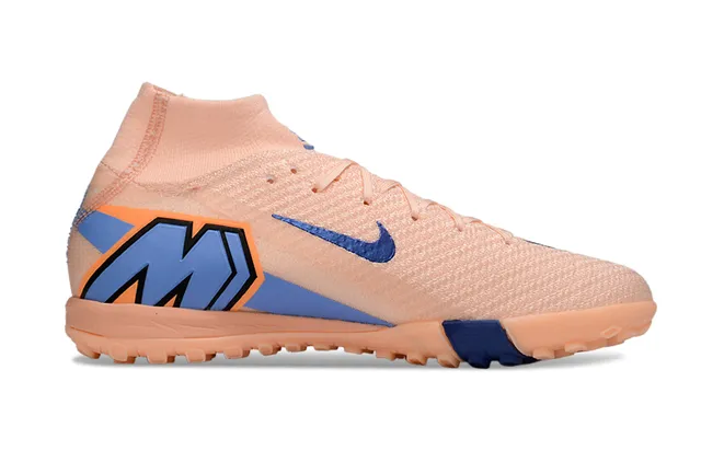 Nike Zapatillas de fútbol Turf con upper Flyknit en naranja y azul, cuello sock-fit 7