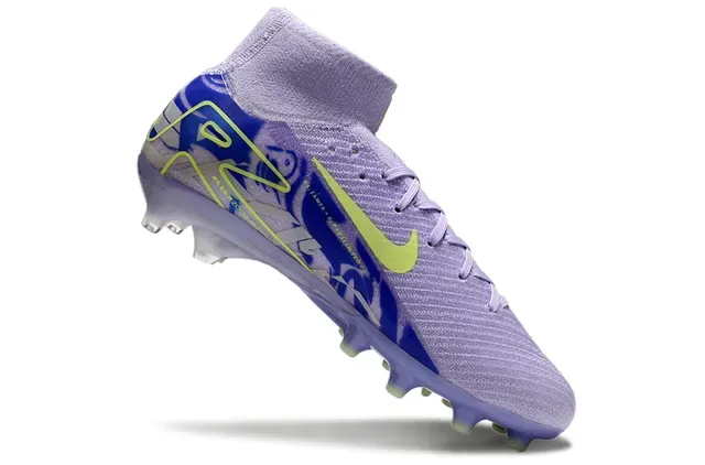 Nike Purple Green Alto Corte Ajuste Meia Superior Malha Construção Solo Firme Sapatos de Futebol 2