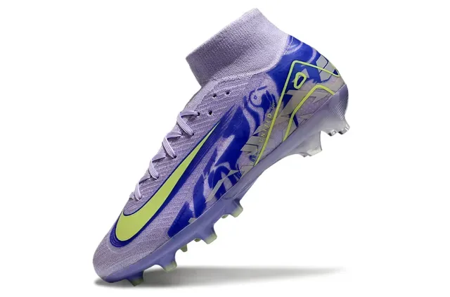 Nike Purple Green Alto Corte Ajuste Meia Superior Malha Construção Solo Firme Sapatos de Futebol 3