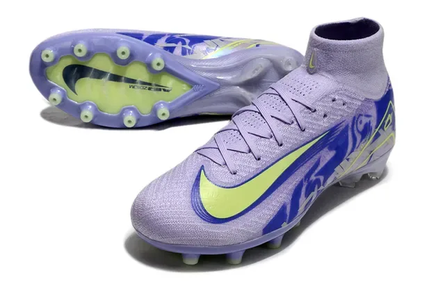 Nike Purple Green Alto Corte Ajuste Meia Superior Malha Construção Solo Firme Sapatos de Futebol 4