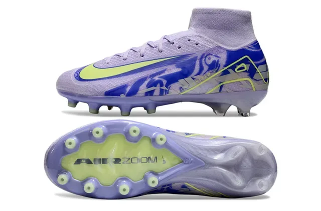 Nike Purple Green Alto Corte Ajuste Meia Superior Malha Construção Solo Firme Sapatos de Futebol 6