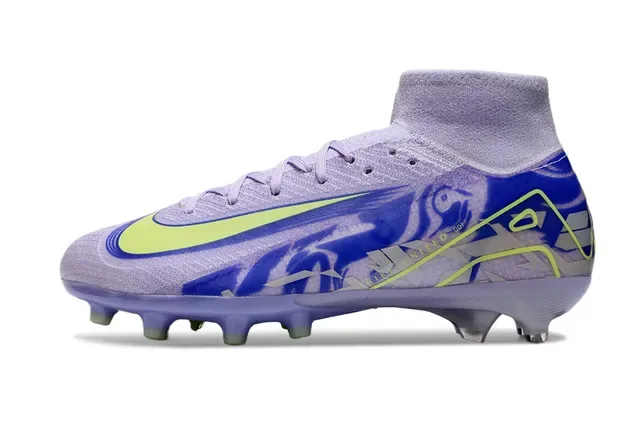 Nike Purple Green Alto Corte Ajuste Meia Superior Malha Construção Solo Firme Sapatos de Futebol 7