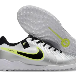 Nike Tiempo Silver Black Metallic Synthetic Upper Swoosh Overlay Turf Soccer Shoes