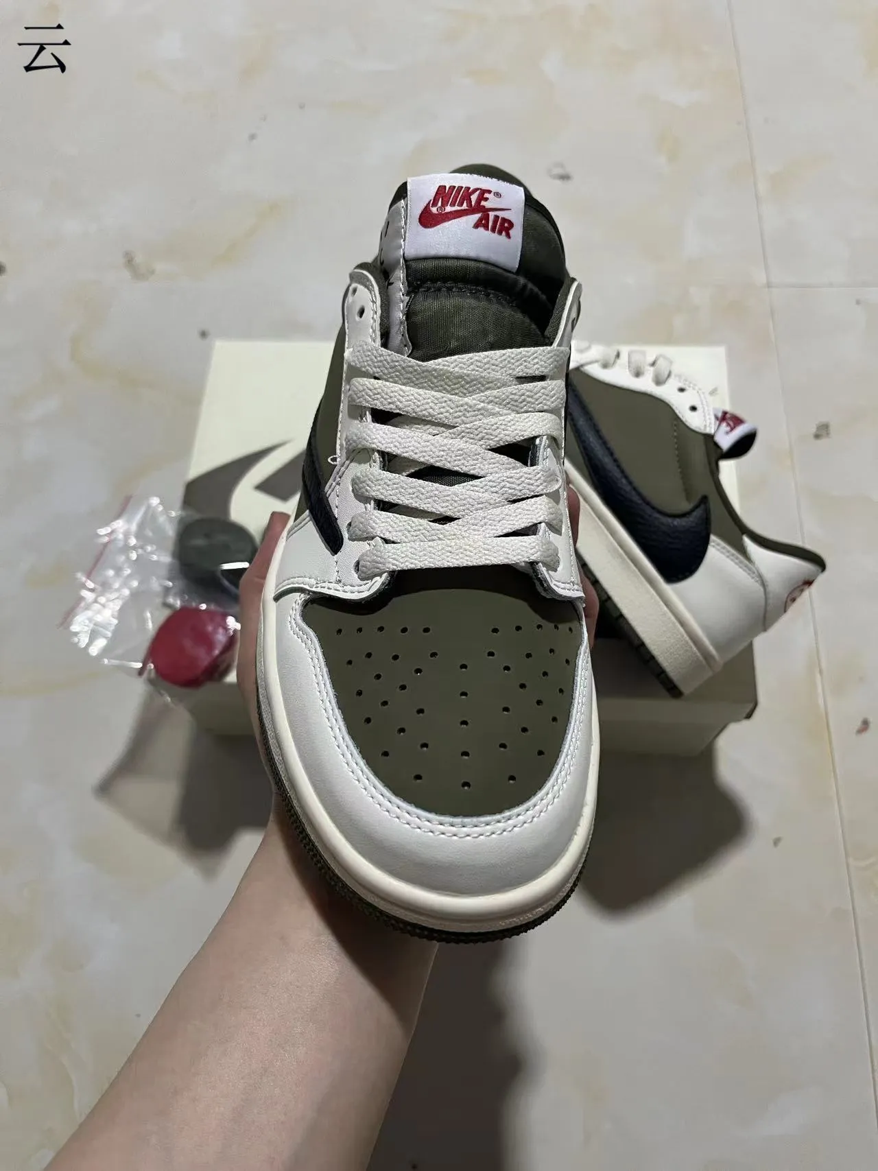 Nike White Army Green Low-Top Layered Leather And Synthetic Upper Lifestyle Sneakers 3