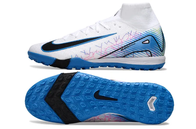 Nike Blanco Azul Alto-Corte Flyknit Superior Superposición Gráfico Multicolor Zapatos de Fútbol Turf 5