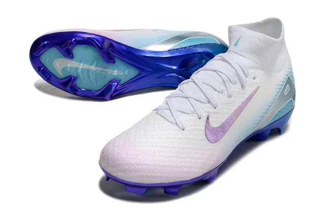 Nike White Blue High-Top Knit Upper Iridescent Swoosh Firm-Ground Soccer Shoes 3