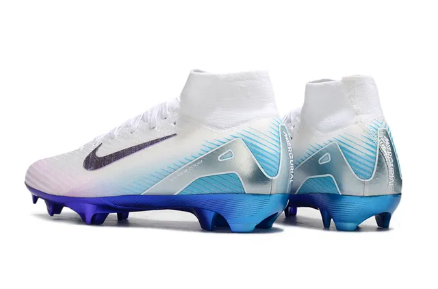 Nike White Blue High-Top Knit Upper Iridescent Swoosh Firm-Ground Soccer Shoes 4