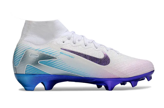 Nike White Blue High-Top Knit Upper Iridescent Swoosh Firm-Ground Soccer Shoes 5