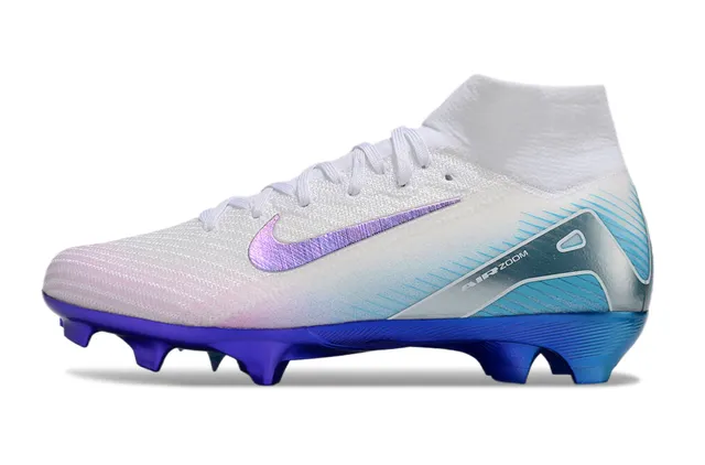 Nike White Blue High-Top Knit Upper Iridescent Swoosh Firm-Ground Soccer Shoes 6