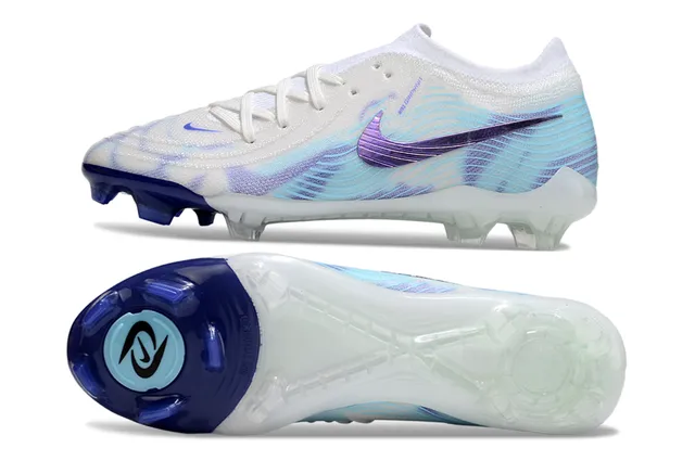 Nike White Blue Low-Cut Knit Upper Iridescent Swoosh Firm-Ground Soccer Shoes 6