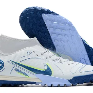 Nike सफेद नीला सोक-फिट कॉलर असममित लेसिंग टर्फ सोकर जूते