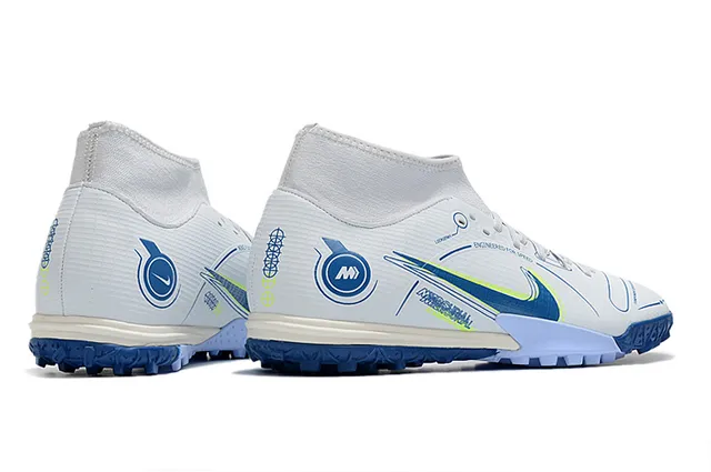 Nike Chaussures de football turf blanc bleu collet à la cheville lacets asymétriques 5