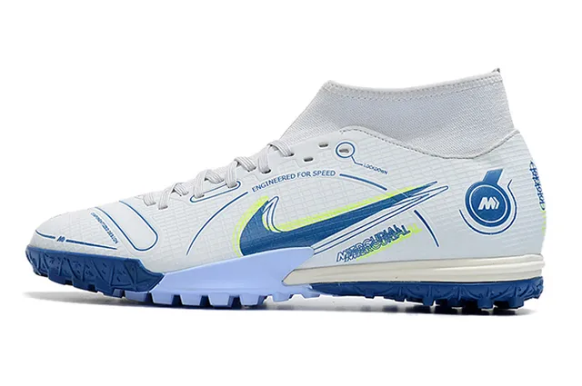 Nike Chaussures de football turf blanc bleu collet à la cheville lacets asymétriques 7