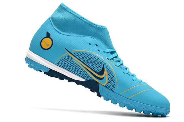 Nike Chaussures de football turf blanc bleu collet à la cheville lacets asymétriques 8