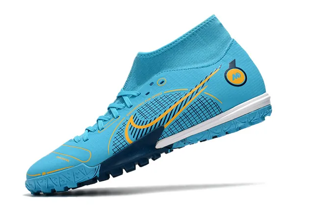 Nike Chaussures de football turf blanc bleu collet à la cheville lacets asymétriques 9