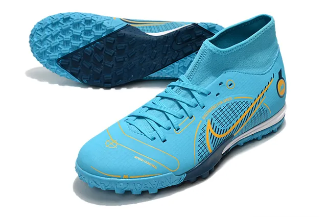 Nike Chaussures de football turf blanc bleu collet à la cheville lacets asymétriques 10