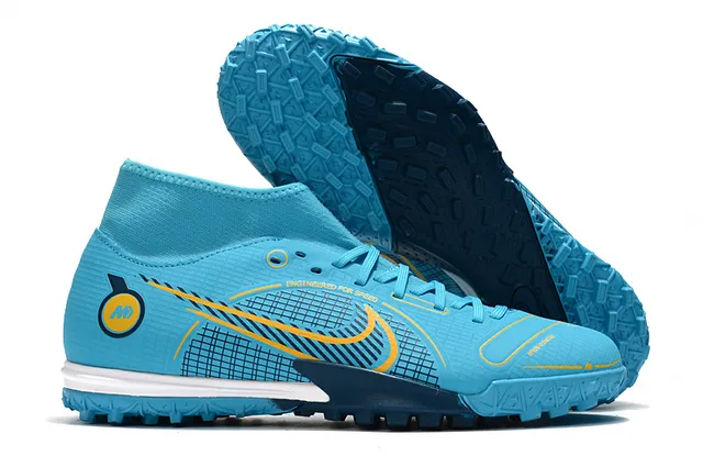 Nike Chaussures de football turf blanc bleu collet à la cheville lacets asymétriques 12