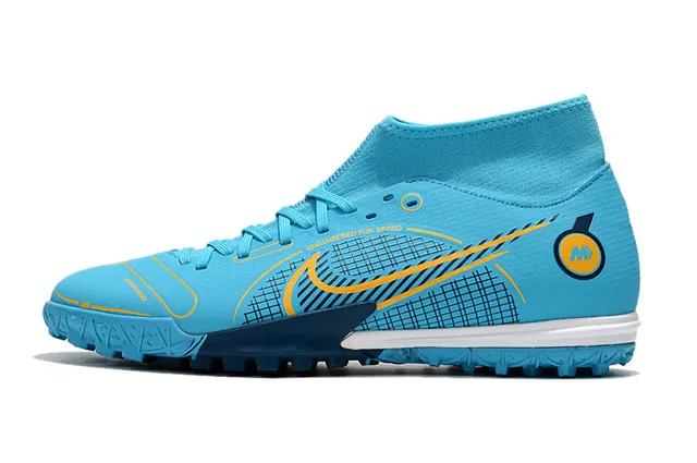 Nike Chaussures de football turf blanc bleu collet à la cheville lacets asymétriques 14