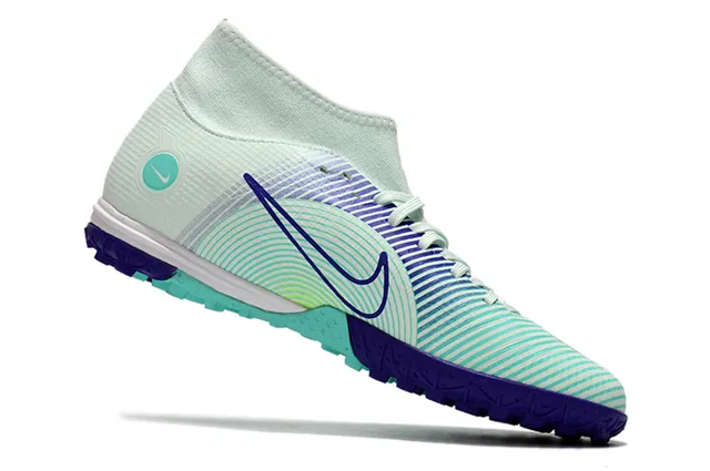 Nike Chaussures de football turf blanc bleu collet à la cheville lacets asymétriques 22