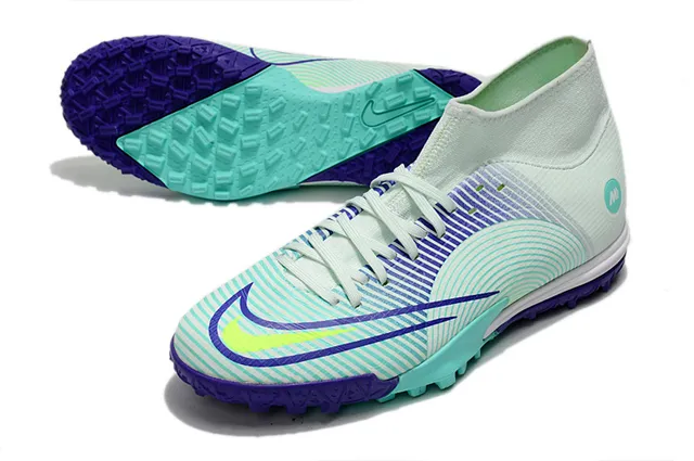 Nike Chaussures de football turf blanc bleu collet à la cheville lacets asymétriques 24