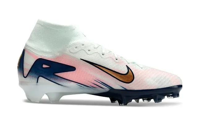 Nike Sapatos de futebol branco e navy high-cut com gola de meias gráfico gradient overlay para terreno firme 7