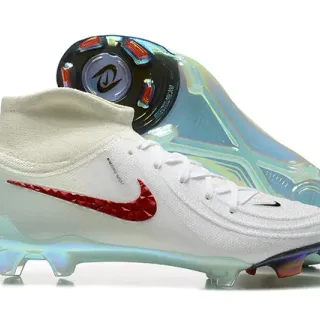 Nike White Red High-Cut Knit Collar Textured Swoosh Firm-Ground Soccer Shoes
