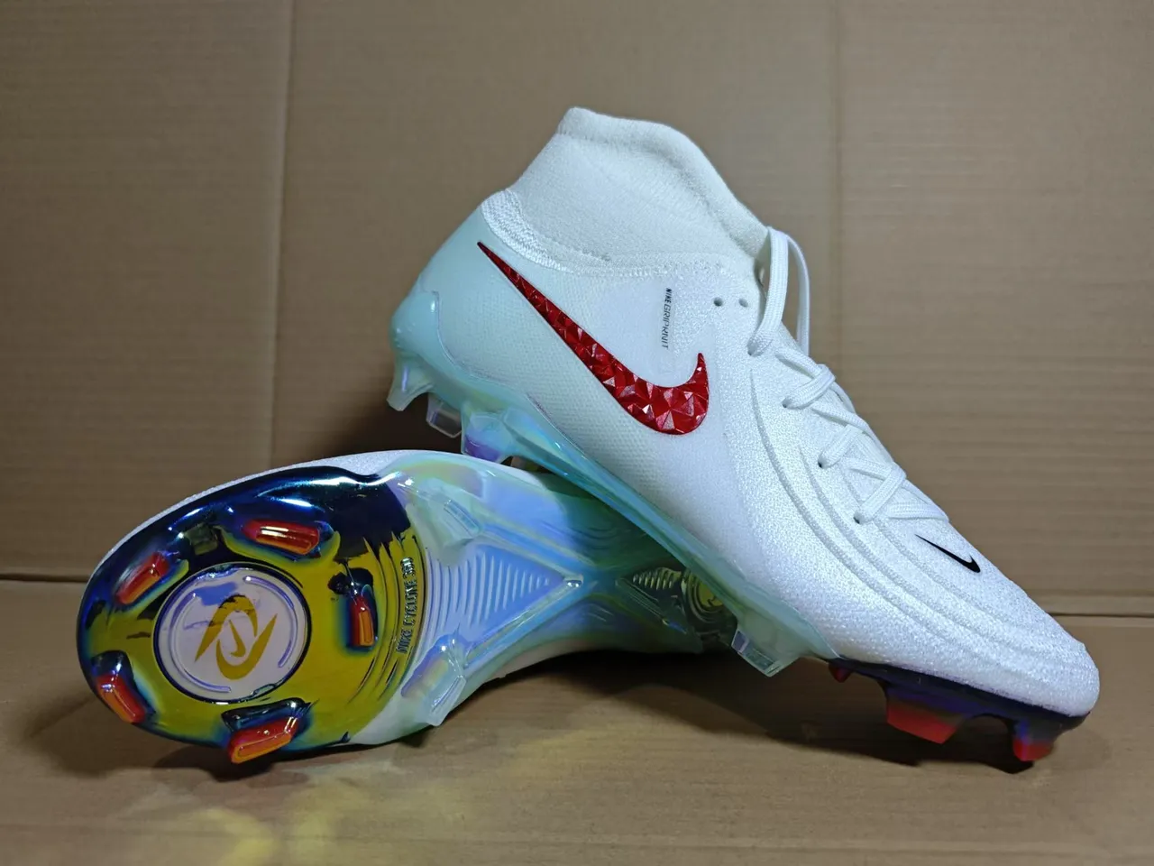 Nike White Red High-Cut Knit Collar Textured Swoosh Firm-Ground Soccer Shoes 2