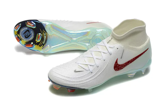 Nike White Red High-Cut Knit Collar Textured Swoosh Firm-Ground Soccer Shoes 8