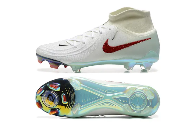 Nike White Red High-Cut Knit Collar Textured Swoosh Firm-Ground Soccer Shoes 10