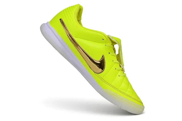 Nike Amarelo Dourado Acolchoado Sintético Superior Swoosh Metálico Sapatos de Futebol Indoor 3