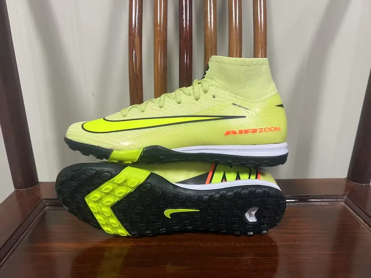 نایک أصفر أخضر Flyknit Upper High-Cut Collar Turf أحذية كرة القدم 7