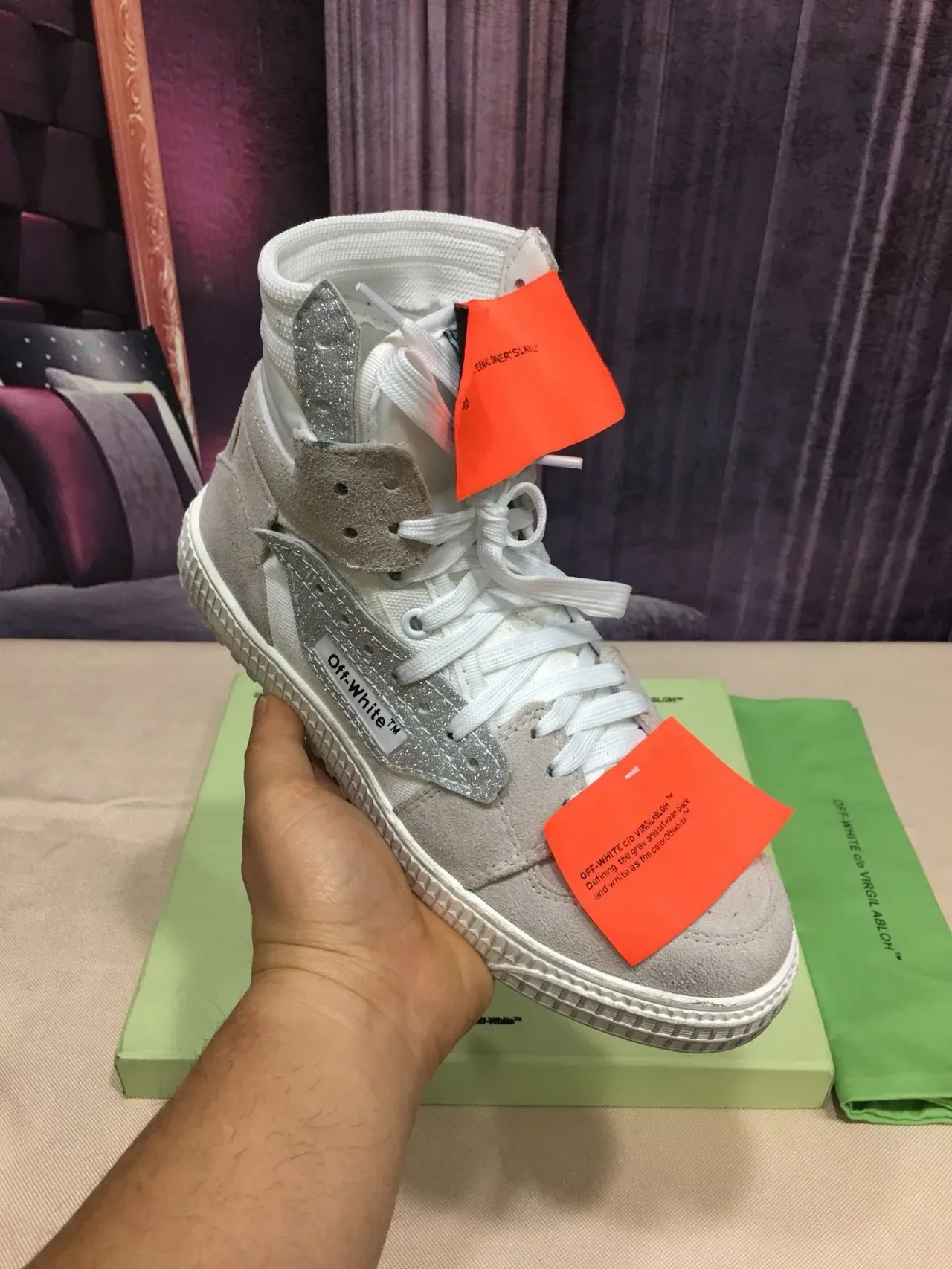 Off-White Bege Prata High-Top Glitter Tênis Lifestyle 8