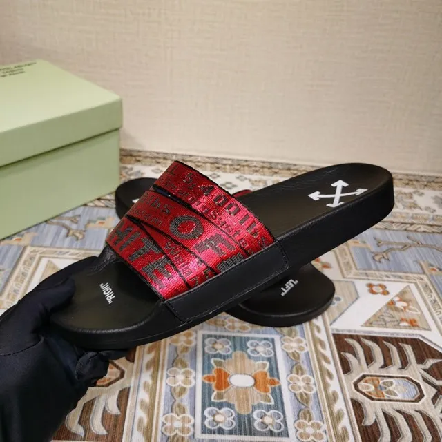 Off-White Slide Noir et Rouge Métallique Sangle Industrielle Chaussons 5