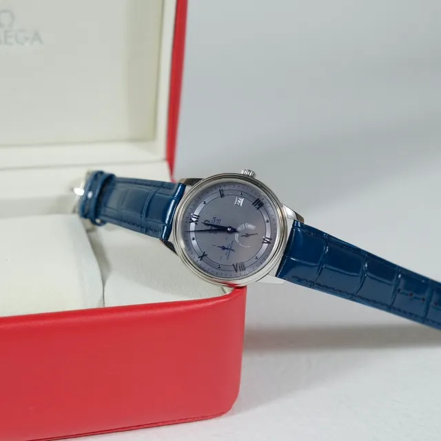 Omega De Ville Prestige Co-Axial Chronometer Silver Dial Blue Alligator Strap Mechanical Watch 4