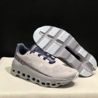 On Cloudmonster Beige Navy Running Shoes