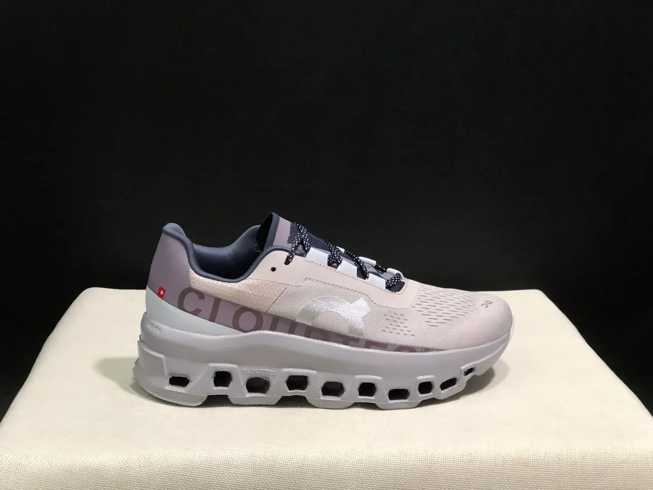 On Cloudmonster Beige Navy Running Shoes 4