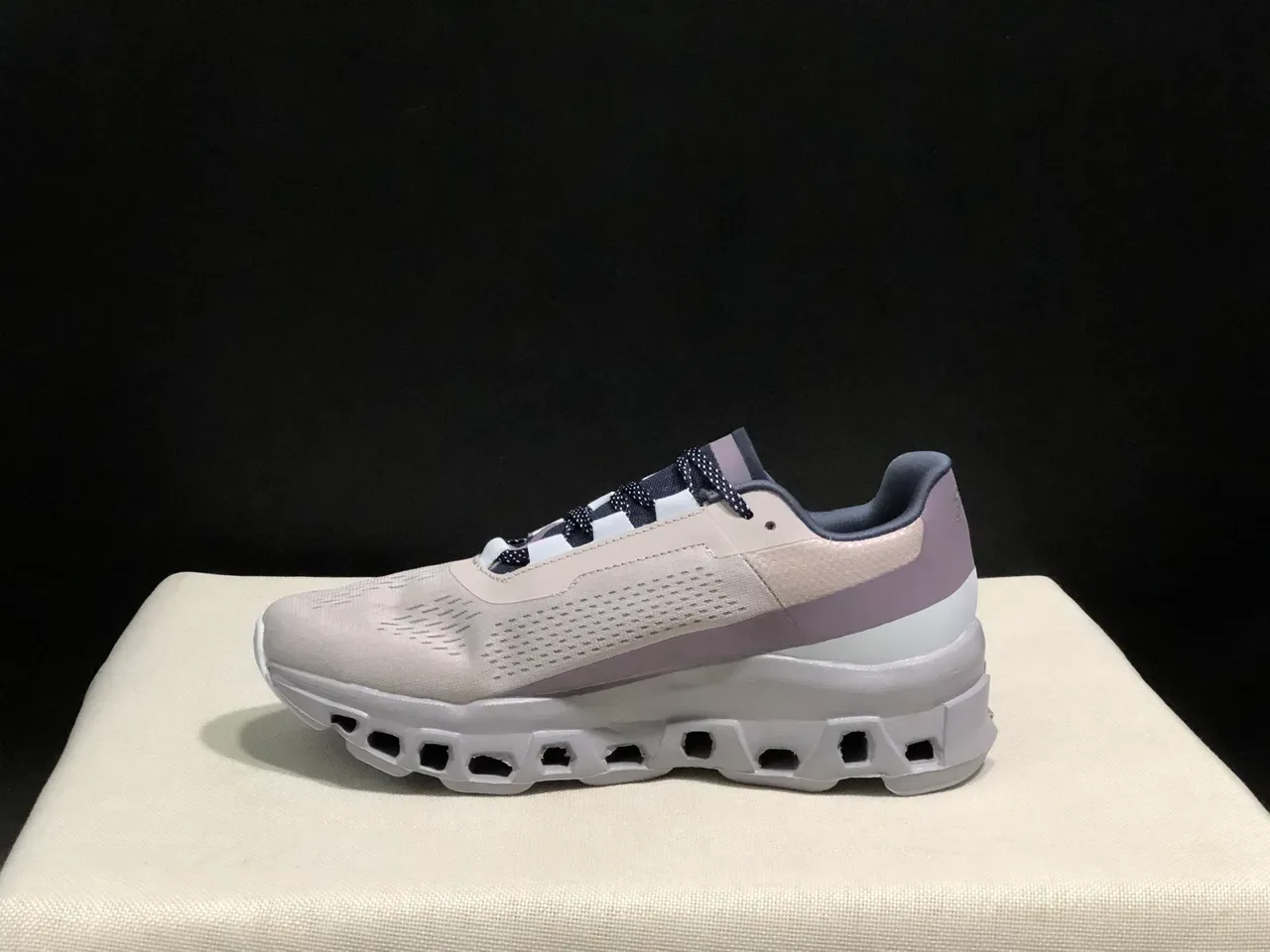 On Cloudmonster Beige Navy Running Shoes 5