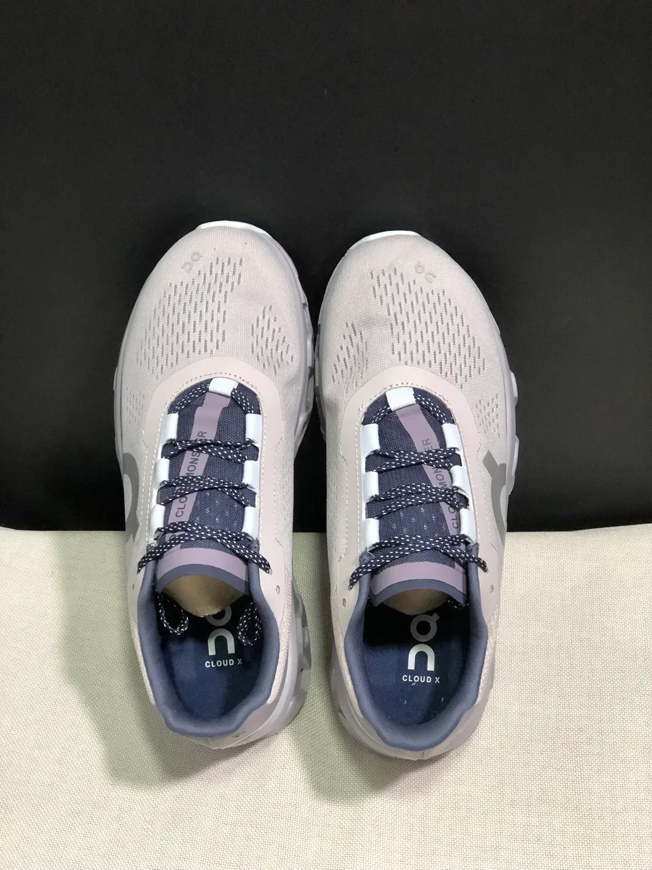 On Cloudmonster Beige Navy Running Shoes 6