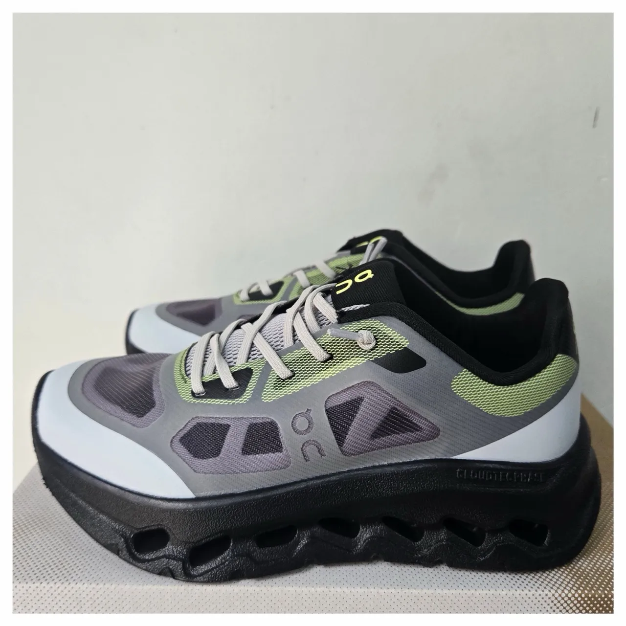 On Cloudmonster White Gray Green Chunky Sneakers 7